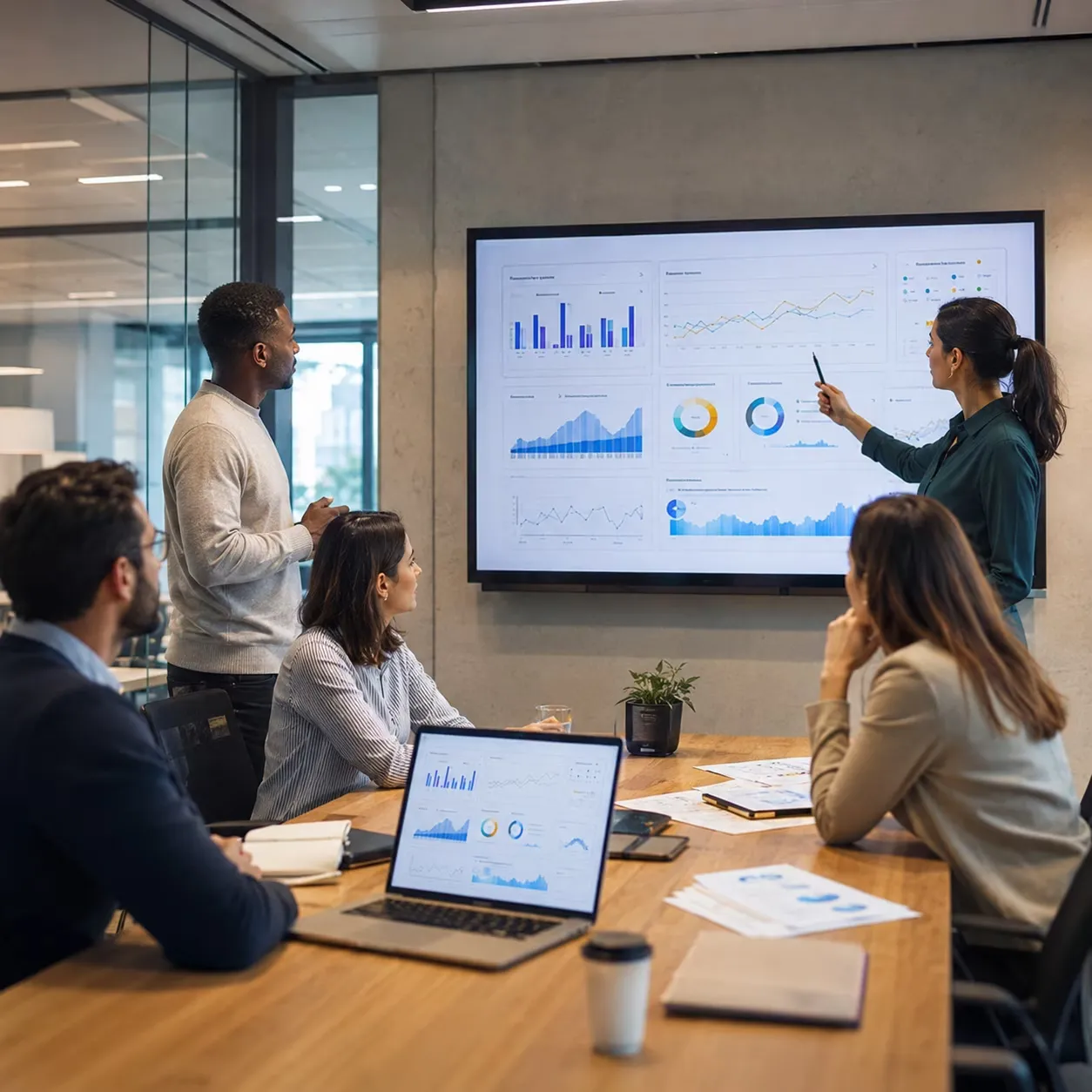 Team analyzing predictable and unpredictable demand in a supply chain planning meeting. Team analyzing predictable and unpredictable demand in a supply chain planning meeting.